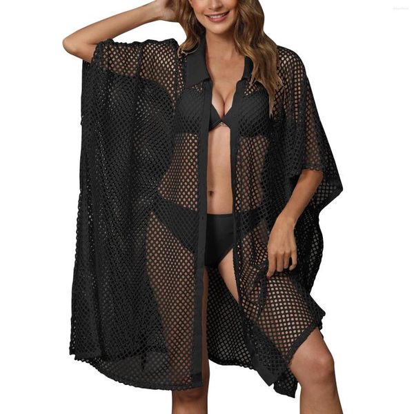 Mulher biquíni cobrir transparente fishnet oco para fora 2024 anti-uv praia cardigan vestido de natação terno