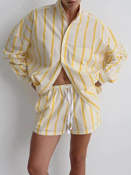 Casa roupas moda feminina shorts conjunto listrado camisa de manga longa com cintura elástica verão outono outfit pele amigável s m l