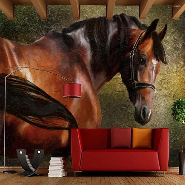 Sfondi Papel De Parede Cavallo Pittura a olio Retro 3d Carta da parati Soggiorno Divano TV Parete Camera da letto Carte Home Decor Ristorante Murales