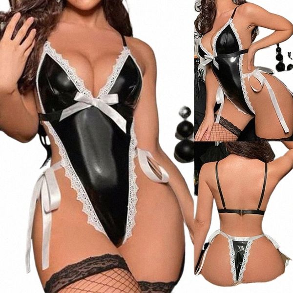 Donne sexy della biancheria Plus Size Latex Leather Costume Cosplay Deep V Backl Maid Baby Doll Dr Bow Costumi erotici Corsetto porno S8Hn #