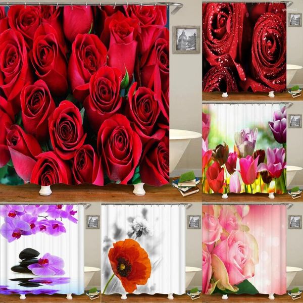 Chuveiro cortinas linda tulipa vermelha rosa cortina flor decoração do banheiro impresso tecido de poliéster impermeável para
