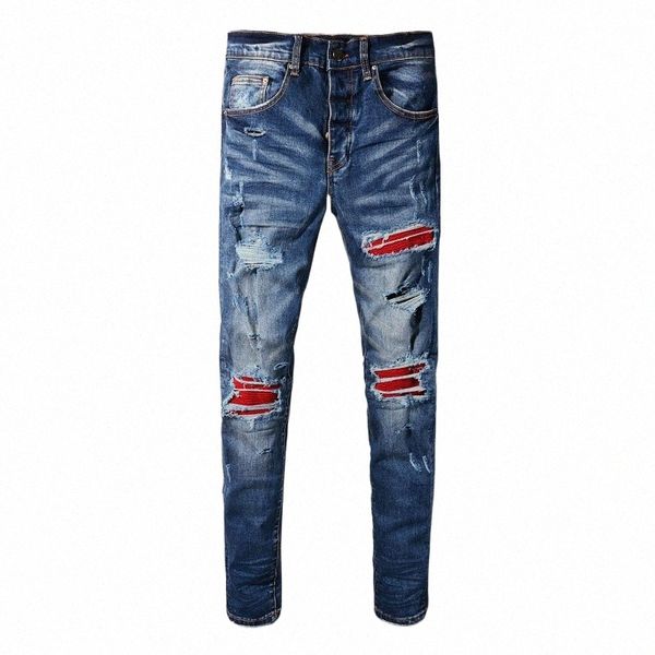 Street Fi Homens Jeans Retro Azul Escuro Stretch Elástico Skinny Fit Rasgado Jeans Homens Red Patched Designer Hip Hop Marca Calças K6xV #