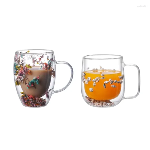 Copos de vinho flor seca mar chás copo de vidro de dupla camada caneca de café com alça para esposa menina professor no aniversário dos namorados gota