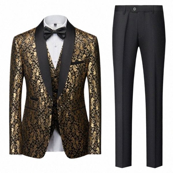 Schwarz Gold Männer Anzug 3 Stück Blumendruck Anzug für Hochzeit Bräutigam Bankett Busin Smoking Set Jacke Weste mit Hosen T0V8 #