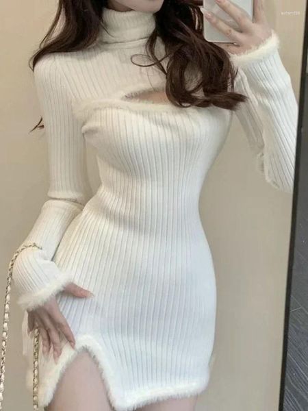 Vestidos casuais outono coreano moda sólida vestido de malha mulheres oco out designer vintage mini feminino francês chique 2024