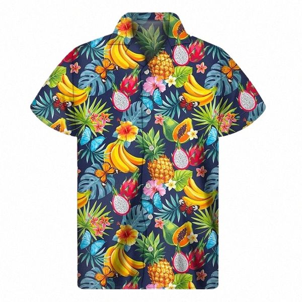 Mango Banana Pine Graphic Shirt Men 3D Print Fruit Hawaiian Shirts Summer Beach manga curta Butt Lapel Aloha Blusa D7c3 #