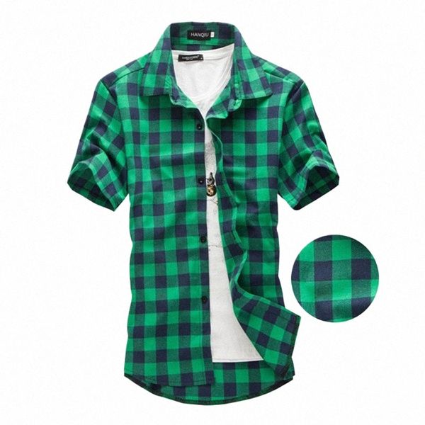 Donanma ve Yeşil Ekose Gömlek Erkekler 2024 Yeni Varış Yaz Erkekler Günlük Kısa Kollu Gömlek Fi Kimya Homme Erkekler Dr gömlek G7C3#
