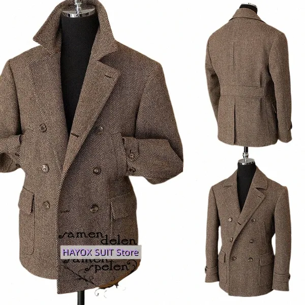 Giacca da uomo Cappotto con cintura Herring Be Doppiopetto Giacca da uomo in tweed marrone vintage da uomo Slim Casual Commuter W7WQ #