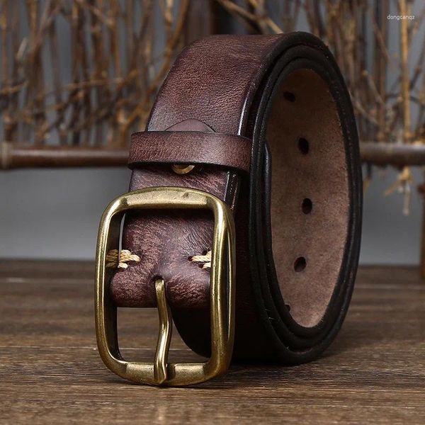 Cinture 3,8 cm/1,5 '' Cintura pieghettata in stile americano da uomo in vera pelle con fibbia ad ardiglione in ottone massiccio Jeans casual da uomo