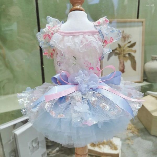 Cão vestuário roupas artesanais roupas para animais de estimação suprimentos princesa vestido bonito menina rosa renda oca luz azul saia tule tutu férias uma peça