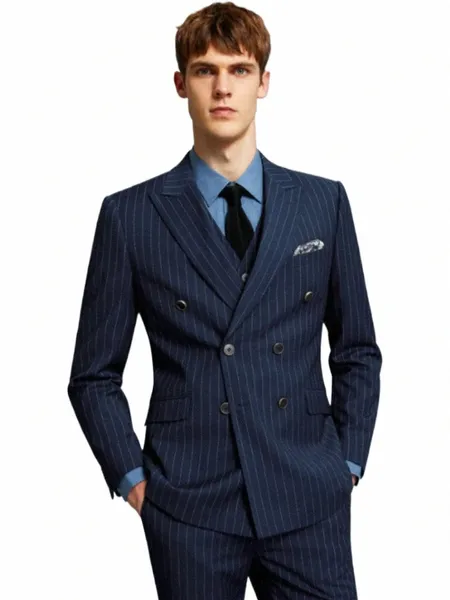 Herren-gestreifter Anzug, klassisch, marineblau, formeller Busin-Hochzeitsanzug, zweireihig, Bräutigam, Abschlussball, Fi, beiläufig, schlank, 2-teilig, Blazer-Hose, f6kG #