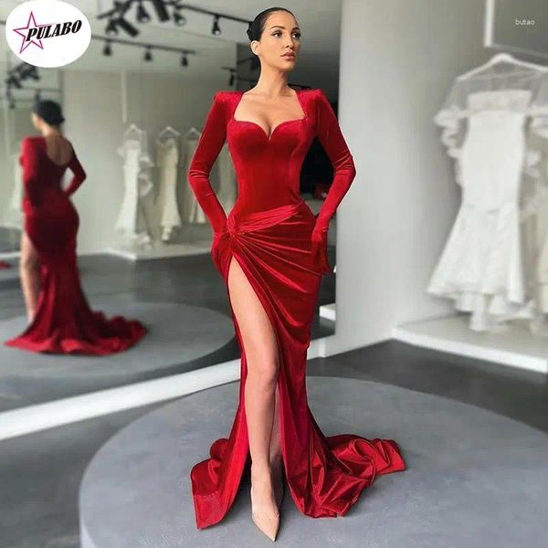 Sıradan Elbiseler Pulabo Elegant Velvet Slash Boyun Eldivenli Bandage Akşam Partisi Kulüp Kat Uzunluğu Kadın Seksi Kadın Üzerinde Bölünmüş