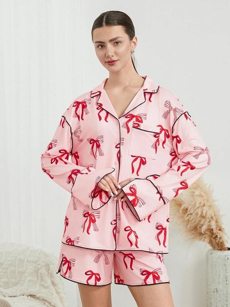 Startseite Kleidung Damen-Pyjama-Set, Reverskragen, lange Ärmel, Knopfleiste, bedrucktes Oberteil, elastische Taille, Shorts, Schleife, 2-teiliges Lounge-Outfit