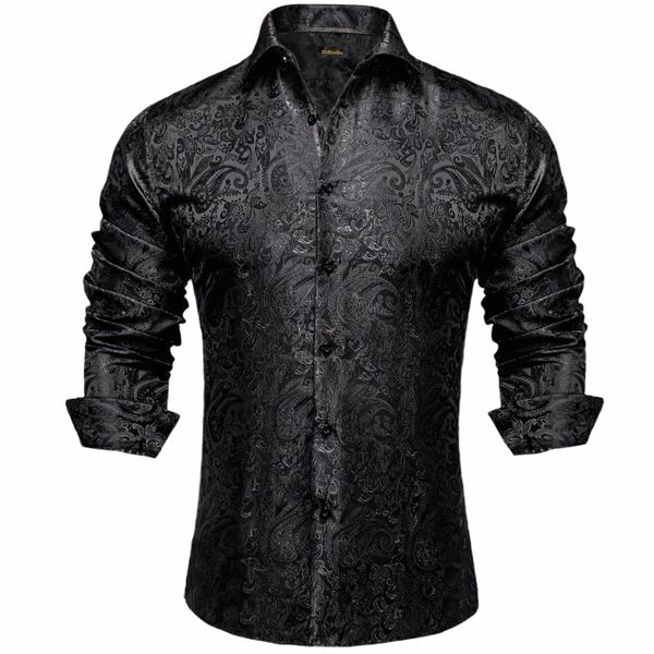 Herren Lg Sleeve Black Paisley Silk Dr Shirts Casual Smoking Social Hemd Luxus Designer Männer Kleidung j4mt #