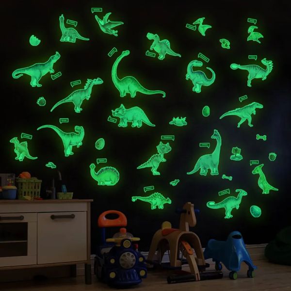 Adesivos de dinossauro verde brilhante, adesivos para decoração de quarto de bebê infantil, papel de parede luminoso que brilha no escuro, adesivos na parede, decoração de casa