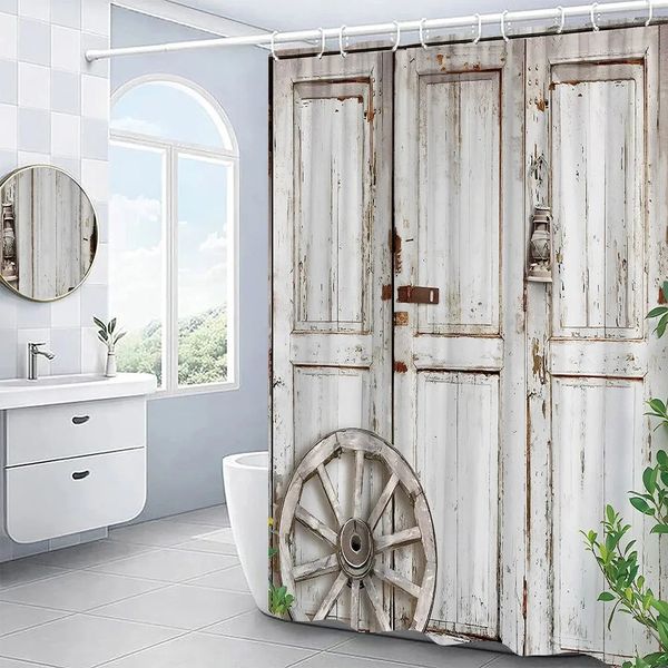 Set di tende da doccia per porte in legno vintage retrò rustico vecchio stile Country Barn Farm Bagno Schermi per vasca da bagno 240328