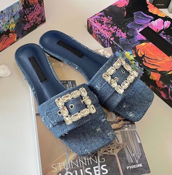 Itália marca mulheres retalhos denim sandálias sapatos senhora slides com fivela de strass chinelos de praia deslizamento em conforto calçado diário EU35-42 com caixa