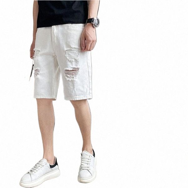 Verão masculino casual branco denim shorts branco fi rasgado calças retas estiramento slimsoft masculino na altura do joelho buraco calças de brim curtas t0rr #