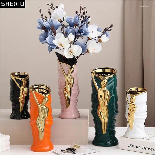 Vasi Figura placcata oro Vaso decorativo in ceramica Piante in vaso Vasi da fiori Decorazione da scrivania Fiore artificiale Disposizione floreale
