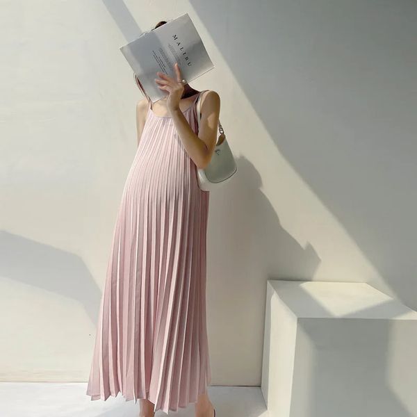 Verão mulheres grávidas vestido solto emagrecimento plissado chiffon estilo coreano tamanho grande elegante longo 240326