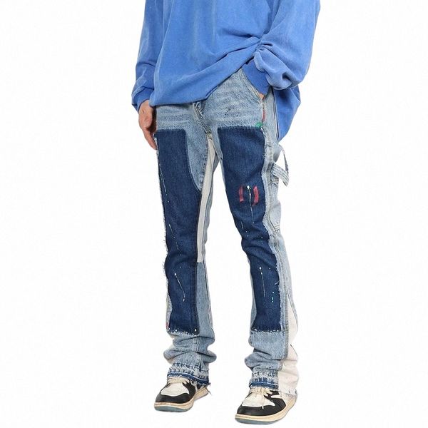 Dikkatli Spl Ink Flare Jeans Kentsel Street Giyim Yaması Erkek Graffiti Geniş Jean Hip Hop Çar Mavi İnce Fit Denim Pantolon Erkek X5YQ#