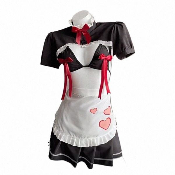 Anime Cute Bow Heart Cameriera Uniforme Costume Cosplay Sexy Hollow Gioco di ruolo Camicia da notte Biancheria intima Sweet Girl Lingerie Outfit Halen o4Ty #