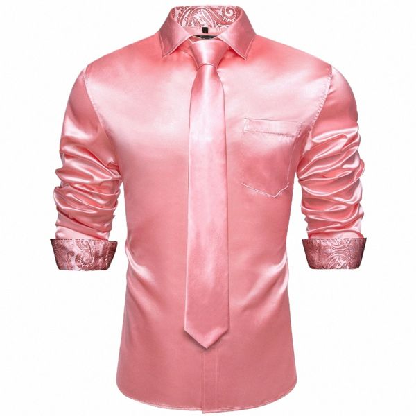 Роскошные розовые однотонные эластичные атласные рубашки-смокинги для выпускного вечера для мужчин, свадебная вечеринка, рубашка Dr, топ с рукавами Lg и галстуком, повседневная одежда N6GU #