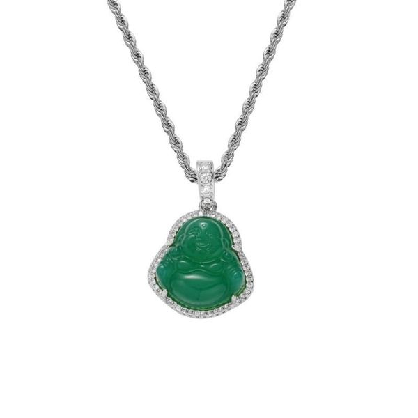 Collane con ciondolo Catena in corda di acciaio inossidabile Micro pavimenta Zircone cubico Collana con pendenti Buddha in pietra naturale verde per uomo e donna3122