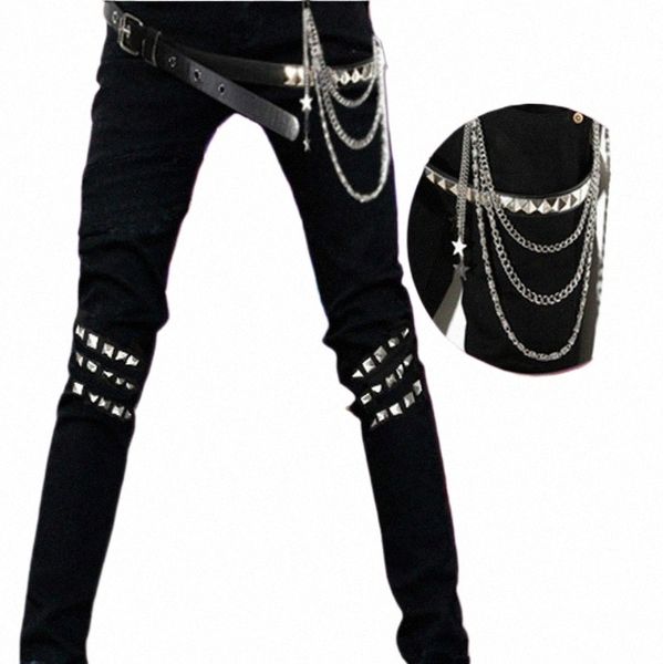 Schwarze Jeans Männer Punk Reißverschluss Kette N-Mainstream Herren Koreanische Jeans Trendy Herbst Slim Fit Stretch Skinny Hosen Freier Taillengürtel 78an #