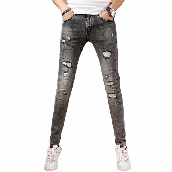 Jeans Männer Sommer Skinny Jeans Männer Casual Grau Stretch Zerrissene Hosen Streetwear Herren Slim Fit Denim Hosen Blau z9G8 #