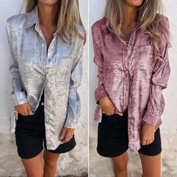 Damenblusen Frauen Shinny Goldene Langarm Mode Bluse Vintage Solide Lose Hemd 2024 Frühling Sommer Casual Top Streetwear Blusa