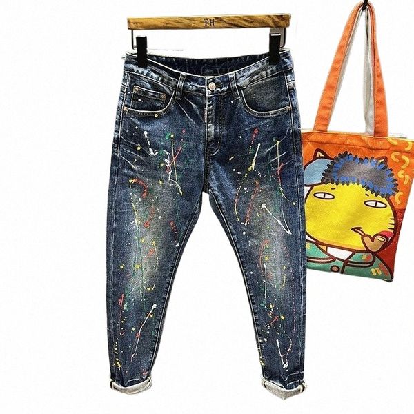 Outono novo vintage jeans homens tie-dye fi alta streetwear pontos de pintura graffiti hip hop tendência magro masculino calças jeans j4uo #