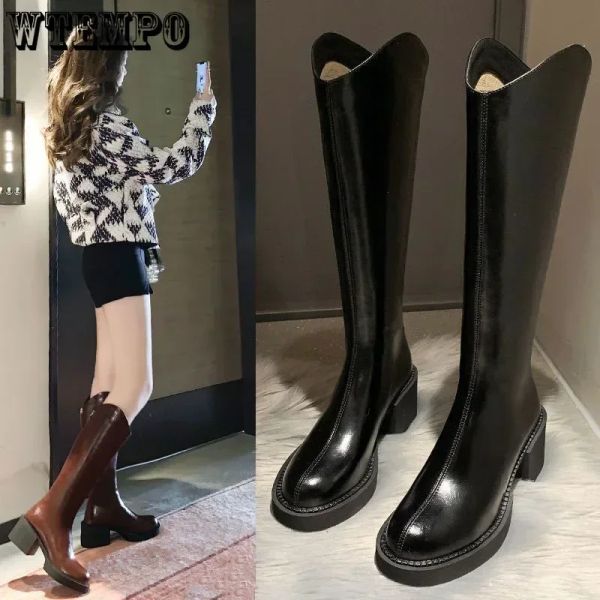 Stiefel schwarze Stiefel PU Leder Vport Frauen britische Ritterstiefel Solid Simple Casual Round Head Square Heel 6cm Koreanische Mode