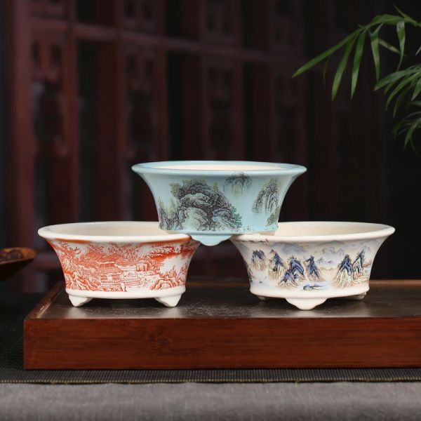 Plantadores Estilo Chinês Yixing Areia Roxa Colorida Vaso de Flores Retro Decoração de Mesa Bonsai Pote Redondo Cerâmica Suculenta Vaso de Flores 1 PCS