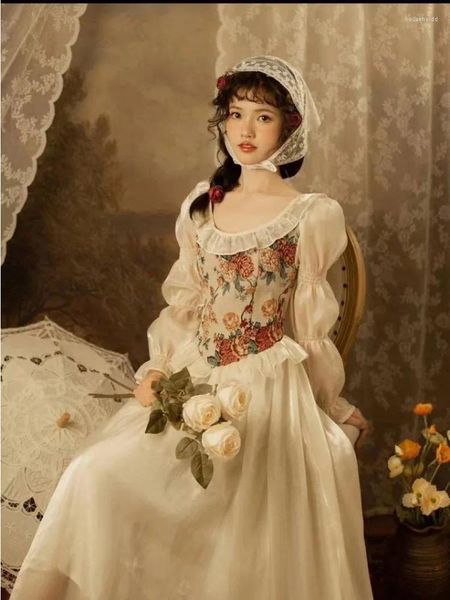 Abiti casual Francia Vintage Elegante vestito intero da donna Stampa floreale Y2k Breve festa Midi femminile Manica a sbuffo Abiti chic 2024