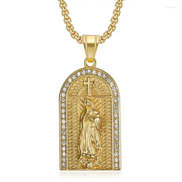 Collane con ciondolo Hip Hop Bling Iced Out Colore oro Acciaio inossidabile La porta del cielo Collana Vergine Maria per uomo Gioielli rapper