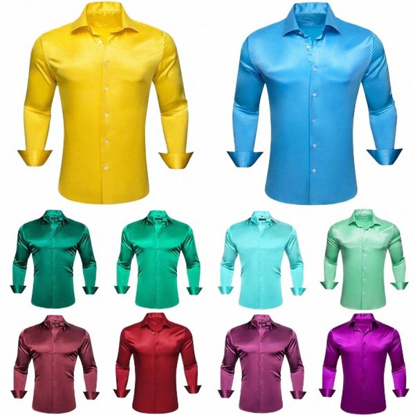 Camicie di lusso per uomo in raso di seta tinta unita rosso verde giallo viola slim fit camicette maschili colletto rovesciato top casual T3E7 #