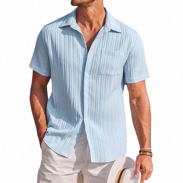 Camicia da uomo pieghevole Camicie primaverili ed estive Camicette tinta unita Cott Top traspirante Risvolto Chemise a maniche corte a mezza manica p1T1 #