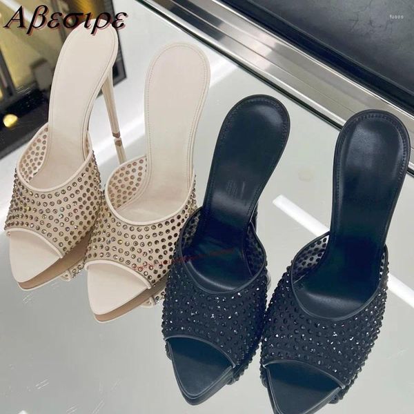 Hausschuhe Sommer All-Match Strass Spitze Zehen Stiletto Oberbekleidung Mode Transparent Shallow Mouth Kleid Sandalen Damenschuhe