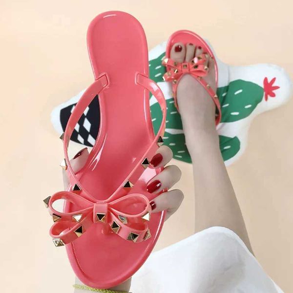 Hausschuhe Damen Bow Knot Slide Flache Schuhe Lock Studs Lila Wassermelone Rot Outdoor PVC Kunststoff 36-42 26 cm Günstiger Preis H240328