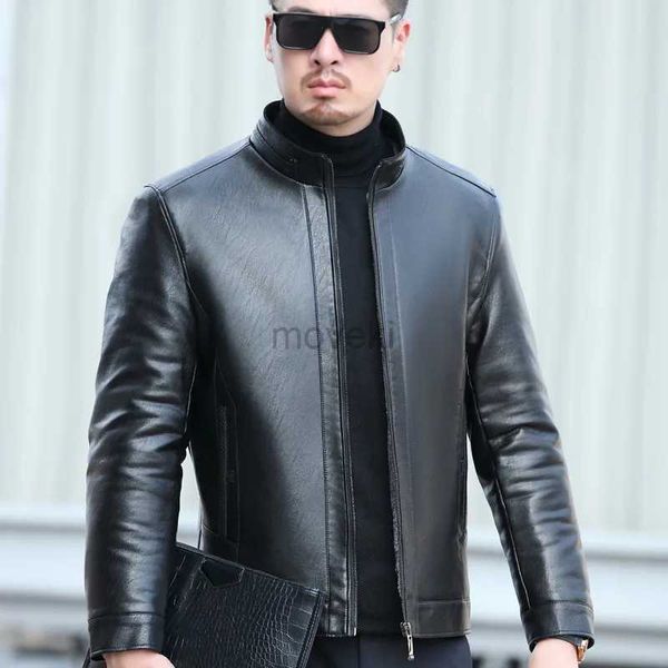Couro masculino couro falso YXL-831 outono e inverno homens de meia-idade juventude casual jaqueta de couro natural gola de pele moda preto marrom 240330