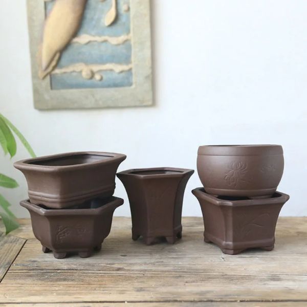 Plantadores de cerâmica preta queima de cerâmica artesanato vaso de flores ameixa orquídea bambu crisântemo planta suculenta vaso respirável decoração