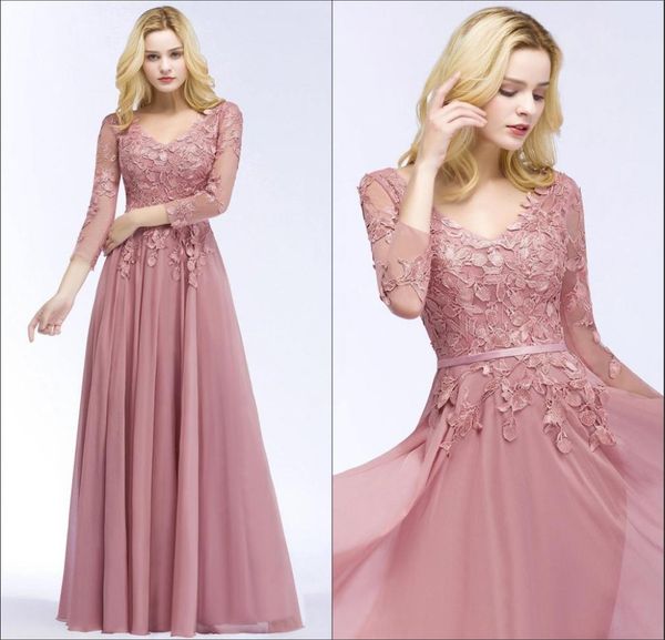 Elegante lange Abendkleider aus Chiffon mit V-Ausschnitt, transparente lange Ärmel, Spitzenapplikationen, bodenlang, formelle Party-Abschlussballkleider, echtes Bild CPS8531974