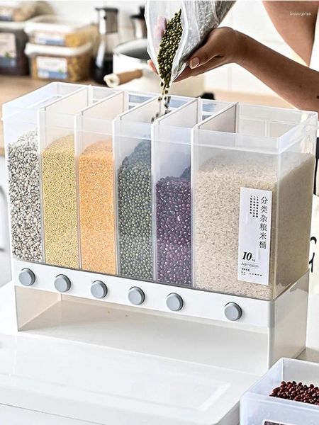 Bottiglie di stoccaggio 3/6 Griglie Scatola per alimenti a parete Scatole di riso sigillate Dispenser trasparente Organizzatore di cereali con coperchi Barattoli da cucina