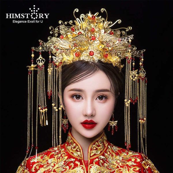 HIMSTORY Classico cinese Matrimonio Phoenix Queen Coronet Corona Spose Gioielli per capelli in oro Accessori Nappa Wedding Hairwear H0827289T