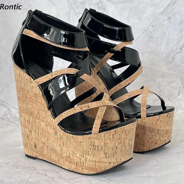 Sandali Rontic Donna Gladiatore Zeppe con plateau Tacco alto Punta tonda Bellissime scarpe da festa nere US Plus Size 4-15