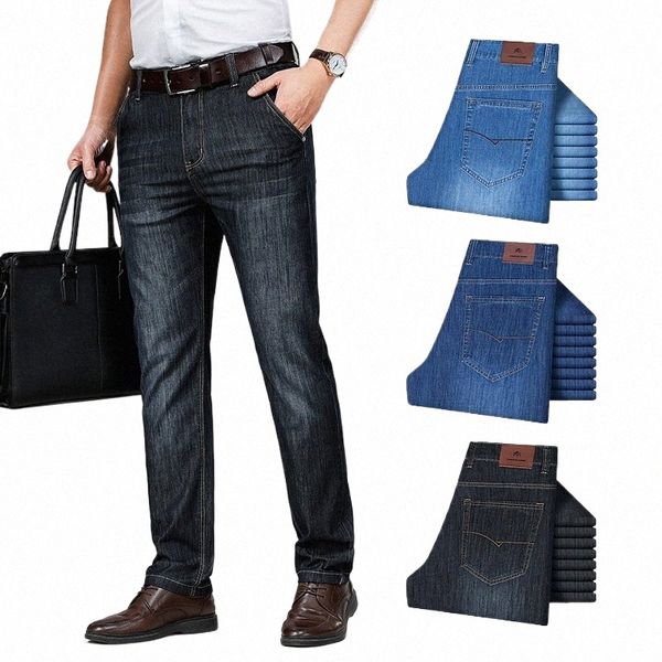 Calças de brim masculinas de alta qualidade Cott Marca clássica Busin solta reta denim calças pretas calças de trabalho masculino tamanho grande 35 40 42 T0pL #