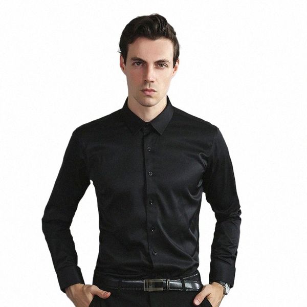 Soft Confortável Lg Manga Camisa Respirável Slim Fit Social Busin Fi Camisa Masculina Preto Branco Azul Roxo Cinza Vinho Vermelho V0sR #