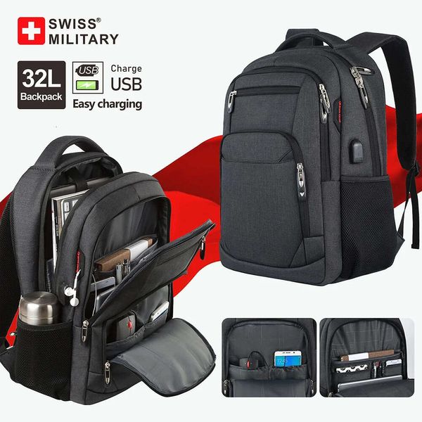 Zaino da viaggio antifurto impermeabile USB da 17 pollici per laptop da uomo SWISS MILITARY Mochila