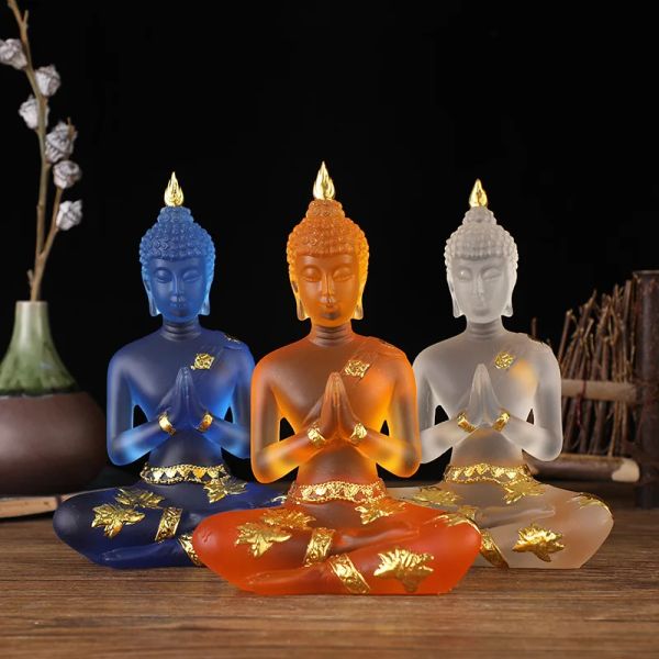 Sculture Statua di Buddha seduto trasparente Gesto Zen Buddha tailandese Figurina in resina Scultura Home Office Feng Shui Decorazione Ornamento